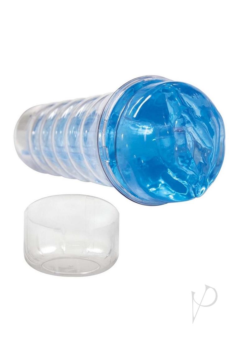 Dream-Lite Crystal Vagina Masturbator Blue sleek design with clear body and pleasure nubs.
