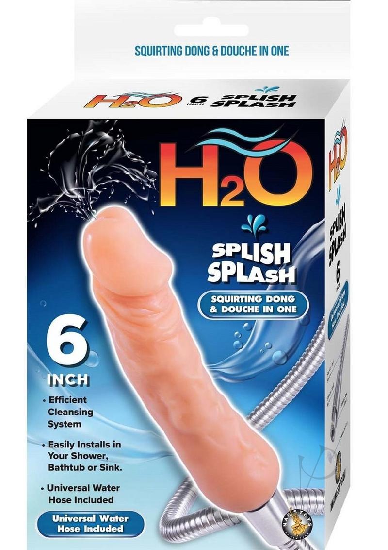 H2O Splish Splash Squirting Dong Douche 6 inch Vanilla packaging featuring a lifelike nozzle for cleansing.