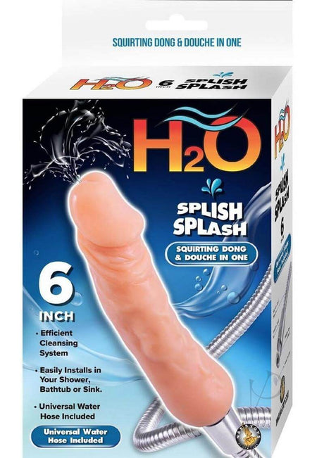 H2O Splish Splash Squirting Dong Douche 6 inch Vanilla packaging featuring a lifelike nozzle for cleansing.
