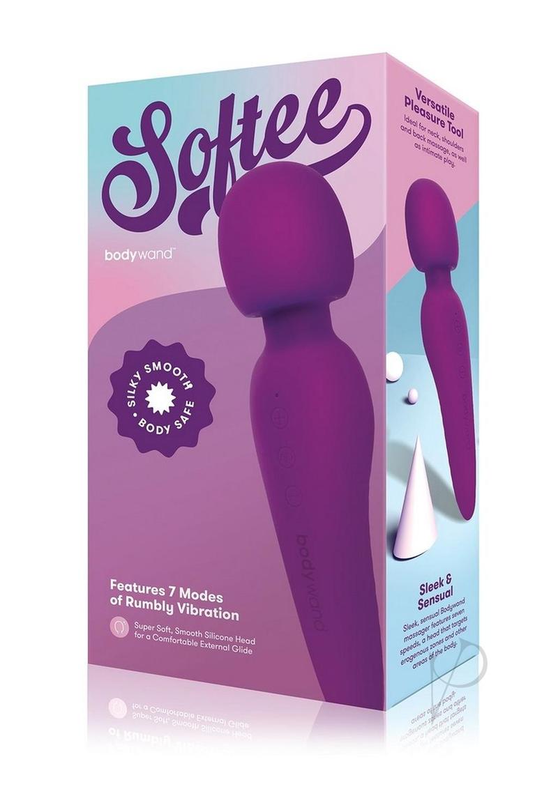 Bodywand Softee Rechargeable Silicone Wand Purple packaging showcasing its features and colors.