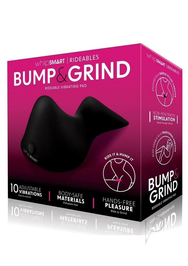 WhipSmart Bump and Grind Silicone Vibrating Pad Black packaging featuring rideable design and adjustable vibrations.