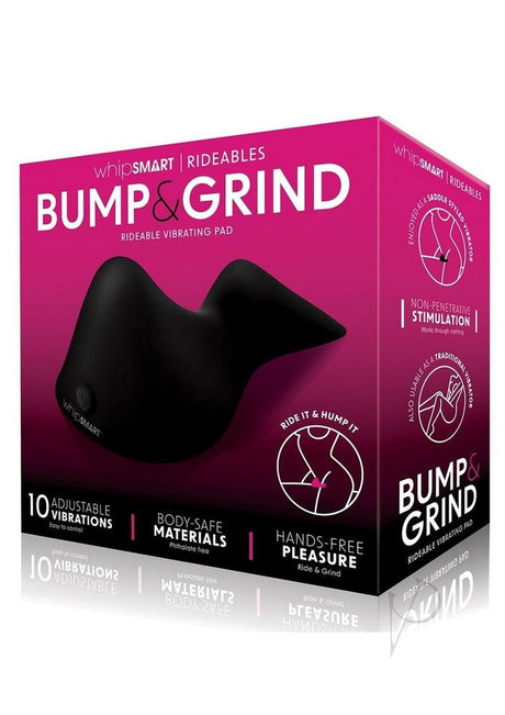 WhipSmart Bump and Grind Silicone Vibrating Pad Black packaging featuring rideable design and adjustable vibrations.
