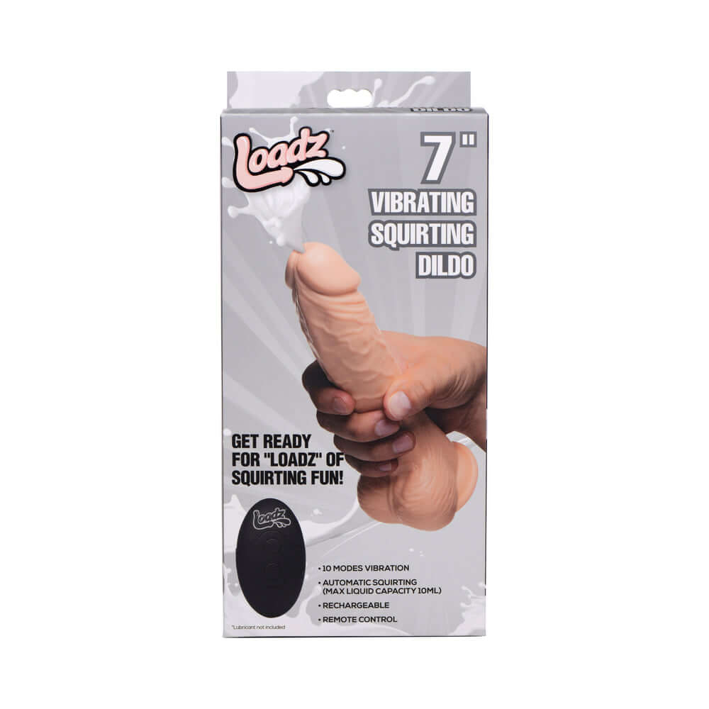 Loadz 7 inches Vibrating Squirting Dildo Light packaging showcasing product features and design.