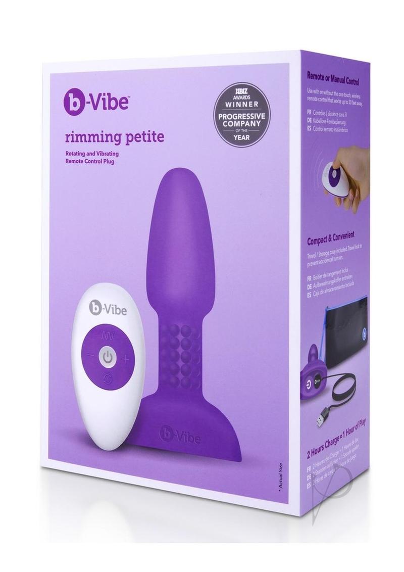 B-Vibe Rimming Petite Remote Control Anal Plug Purple packaging with remote control next to it.