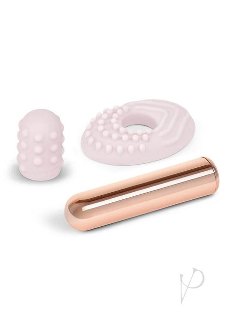 Le Wand Bullet Silicone Sleeve Vibrator Rose Gold with silicone accessories.