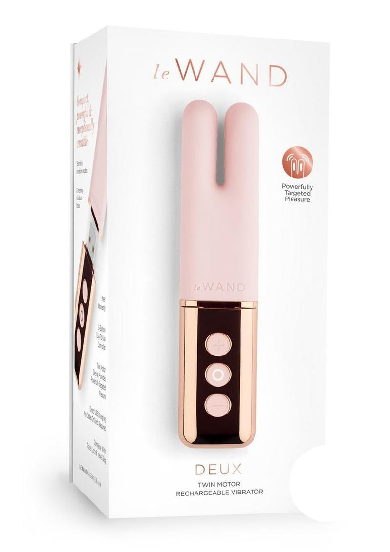 Le Wand Deux Silicone Clitoral Vibrator Rose Gold packaging showcasing elegant design and user-friendly controls.