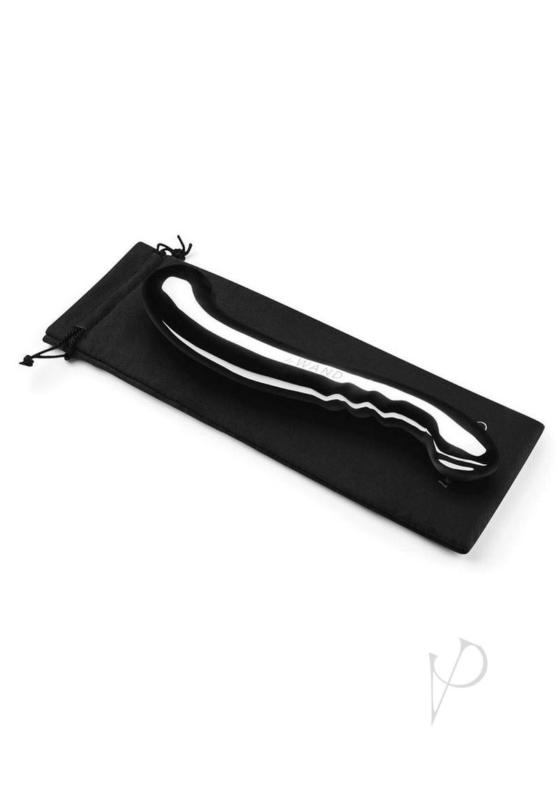 Le Wand Contour Dual End Dildo Stainless Steel resting on a black pouch with drawstring.