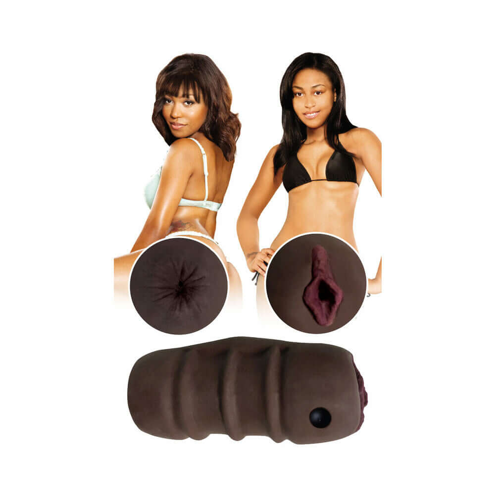 Double Trouble BFFs Elina & Nadia Vibrating Stroker Brown showcasing dual-entry design with realistic textures.
