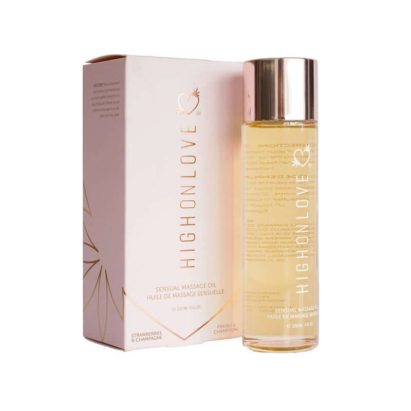HighOnLove Massage Oil Strawberries & Champagne bottle and packaging on display.