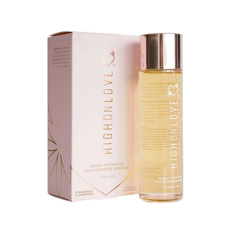 HighOnLove Massage Oil Strawberries & Champagne bottle and packaging on display.
