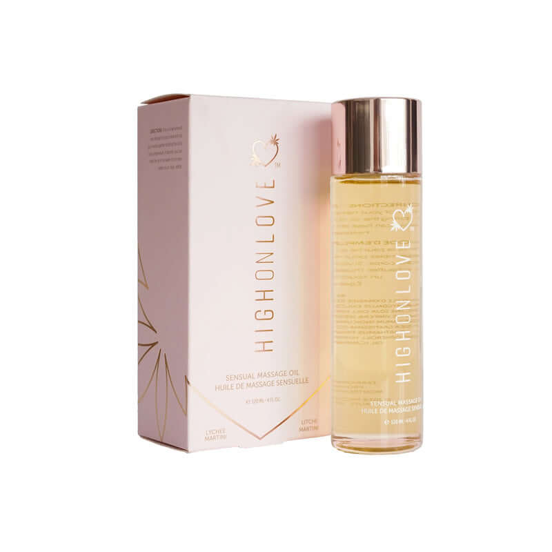 HighOnLove Massage Oil Lychee Martini bottle with elegant packaging for a luxurious massage experience.