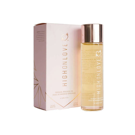 HighOnLove Massage Oil Lychee Martini bottle with elegant packaging for a luxurious massage experience.