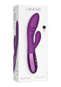 Le Wand Blend Rechargeable Silicone Rabbit Vibrator Cherry in purple packaging with product features and controls