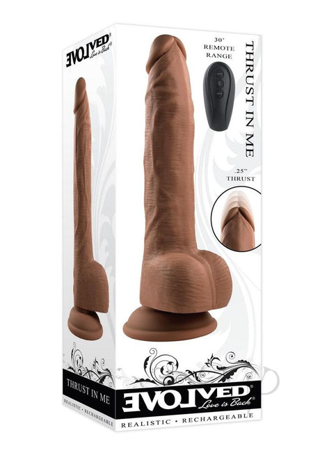Thrust In Me Silicone Thrusting Realistic Dong Chocolate packaging with realistic design and remote control features.