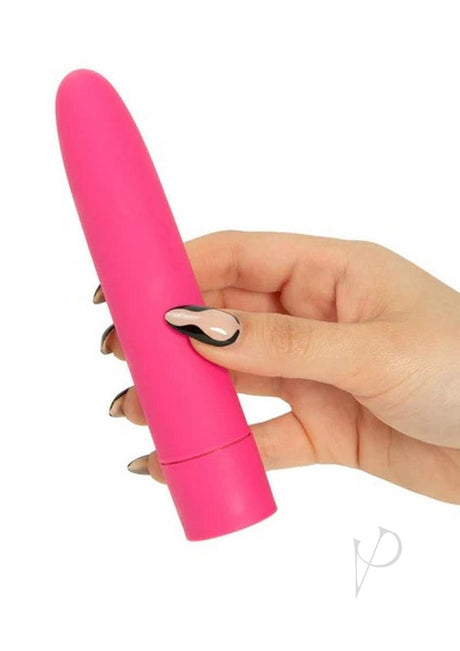 Eezy Pleezy Classic Vibrator 5.5 inch Pink held in hand against a white background.