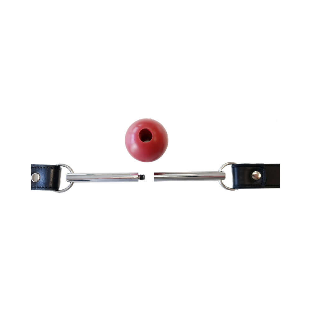Rouge Leather Ball Gag with Removable Ball & Stainless Steel Rod components including the ball and straps.