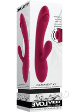 Jammin' G Rechargeable Silicone Rabbit Vibrator Red packaging displaying product features and design.