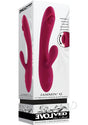 Jammin' G Rechargeable Silicone Rabbit Vibrator Red packaging displaying product features and design.