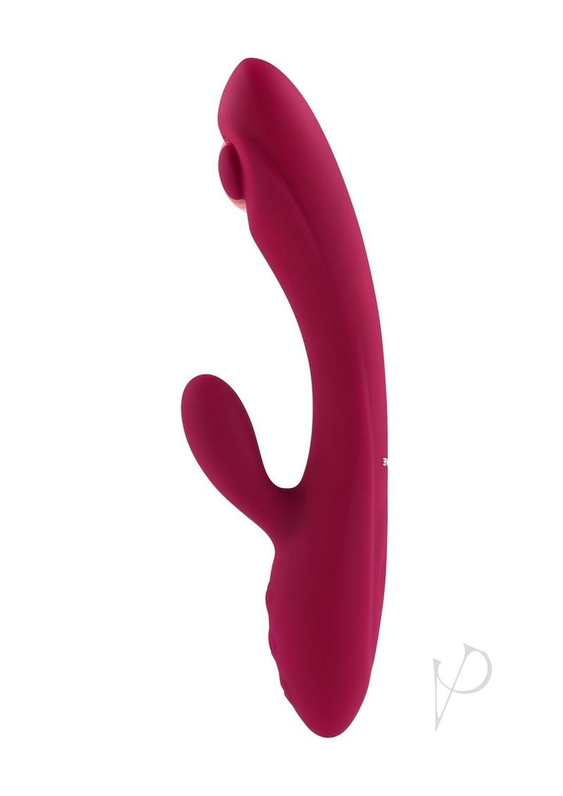 Jammin' G Rechargeable Silicone Rabbit Vibrator Red showcasing dual stimulation design and ergonomic handle.