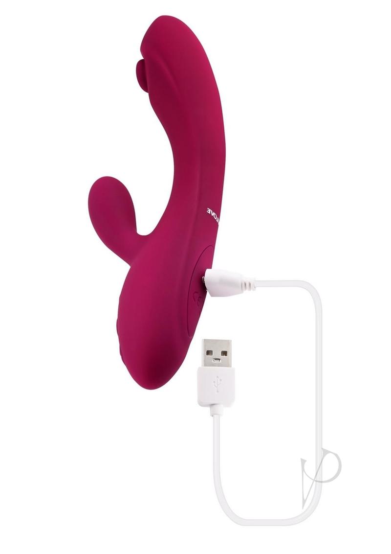 Jammin' G Rechargeable Silicone Rabbit Vibrator Red with USB charging cable on a white background.