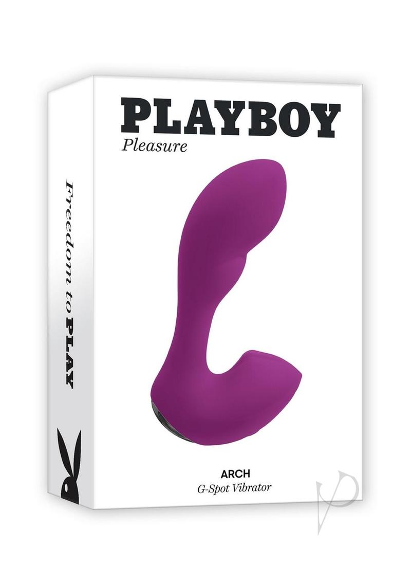 Playboy Arch Silicone G-Spot Vibrator Purple packaging featuring a curved, purple vibrator design.