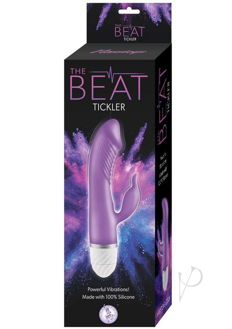 The Beat Tickler Silicone Rabbit Vibrator Purple packaging showcasing its design and features for enhancing pleasure.