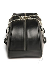 Master Series Cuffed and Loaded Travel Bag Black Silver with chain straps, stylish faux leather design for travel.