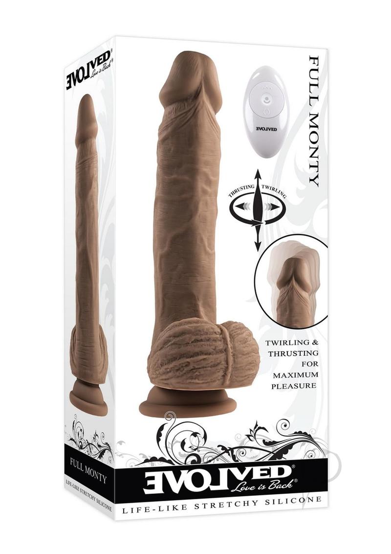 Full Monty Realistic Dildo with Remote 9 inch Chocolate - lifelike design, twirling motion, and textured details.