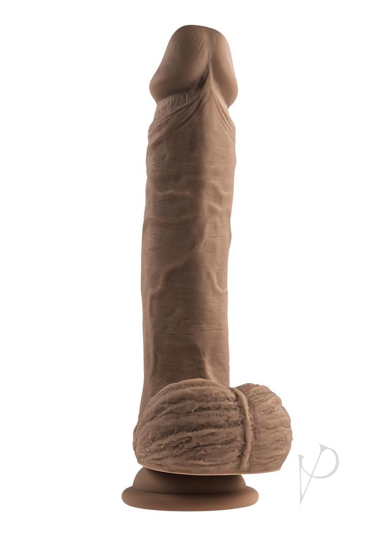 Full Monty Realistic Dildo with Remote 9 inch Chocolate showcasing lifelike design and textured balls for enhanced pleasure.