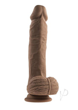 Full Monty Realistic Dildo with Remote 9 inch Chocolate showcasing lifelike design and textured balls for enhanced pleasure.