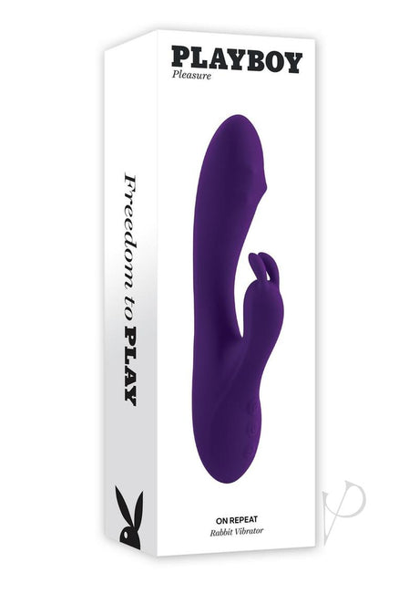 Playboy On Repeat Silicone Rabbit Vibrator Purple in sleek packaging, showcasing dual stimulation features.