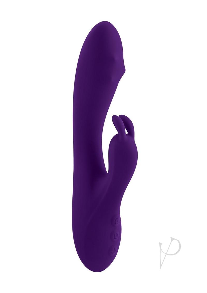 Playboy On Repeat Silicone Rabbit Vibrator Purple featuring a sleek design and dual stimulation for enhanced pleasure.