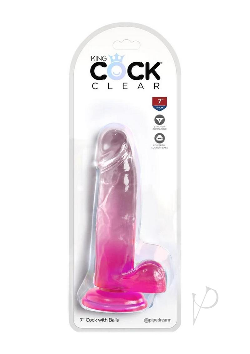 King Cock Clear Dildo with Balls 7 inch Pink in packaging featuring a realistic design and vibrant colors.