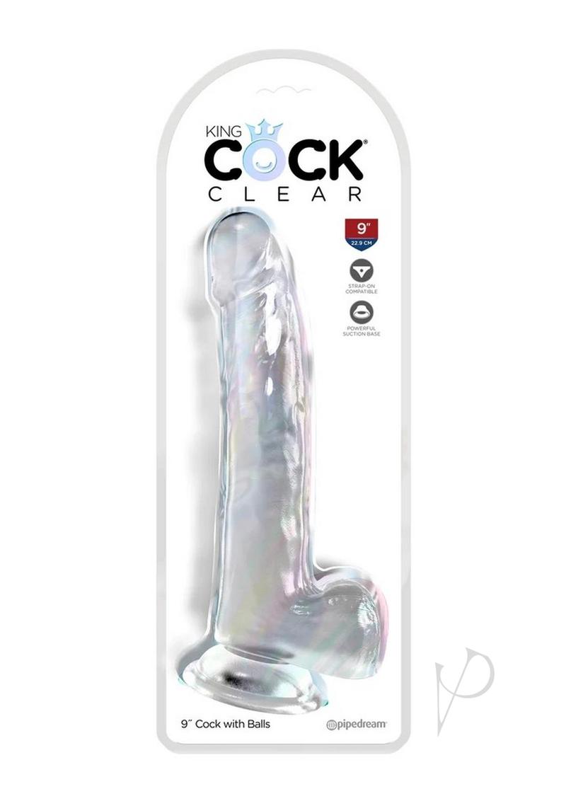 King Cock Clear Dildo with Balls 9 inch Clear packaging featuring a realistic design and suction base.