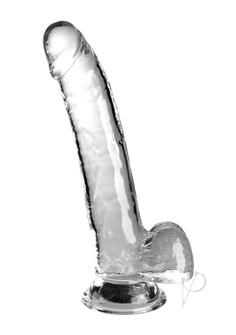 King Cock Clear Dildo with Balls 9 inch Clear featuring a lifelike design and transparent material for enhanced pleasure.