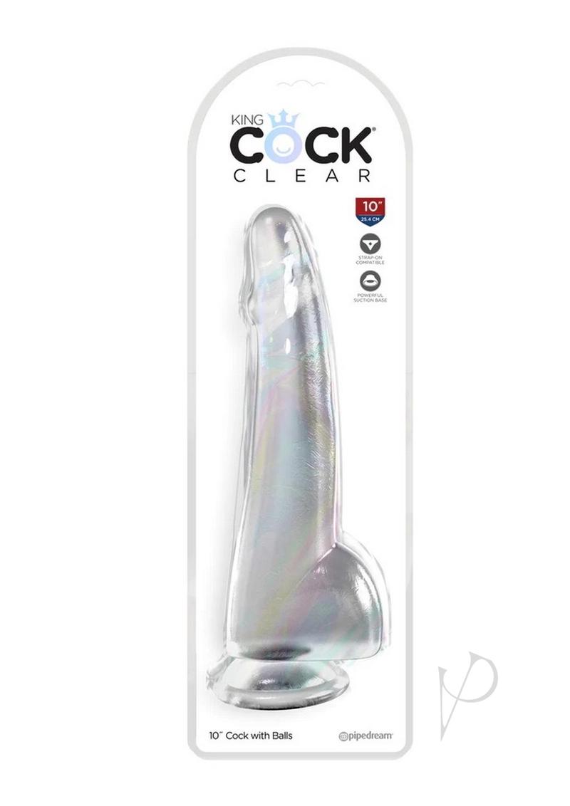 King Cock Clear Dildo with Balls 10 inch Clear in packaging, showcasing its realistic features and translucent design.