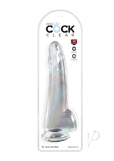 King Cock Clear Dildo with Balls 10 inch Clear in packaging, showcasing its realistic features and translucent design.