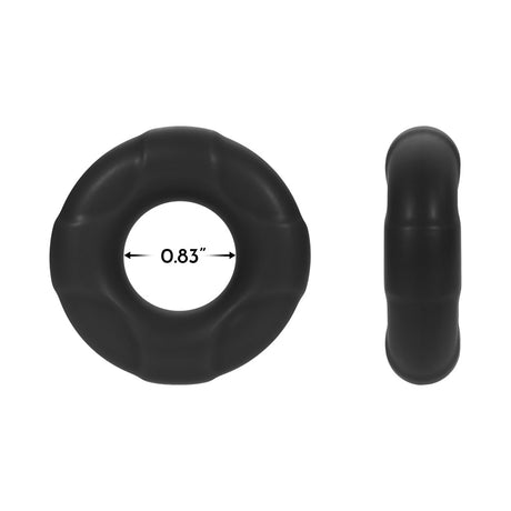 Forto F-33 Liquid Silicone Cockring Medium Black with 0.83-inch internal diameter and flexible design.