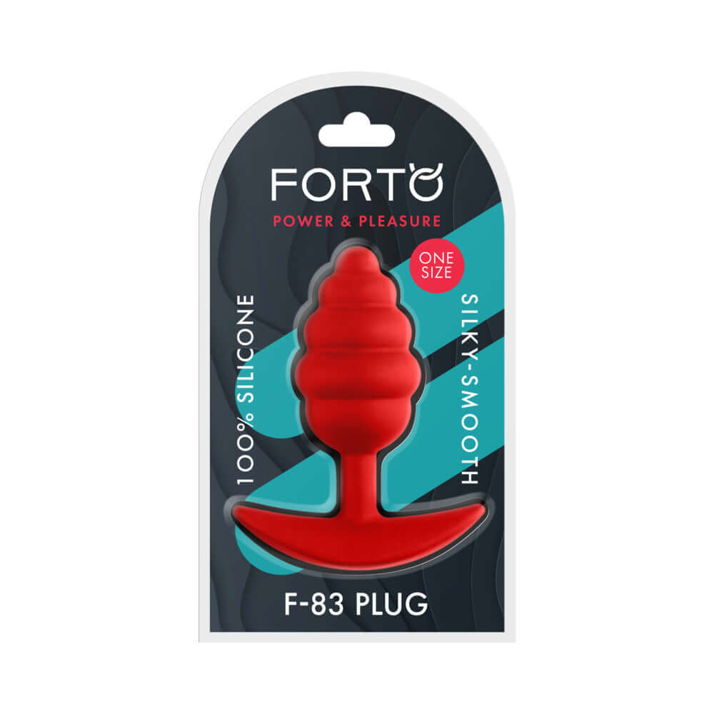 Forto F-83 Spiral Silicone Anal Plug Red packaging featuring a silky-smooth red silicone design.
