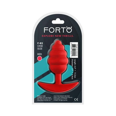 Forto F-83 Spiral Silicone Anal Plug Red packaging featuring a textured red silicone design, ideal for comfortable wear and stimulation.