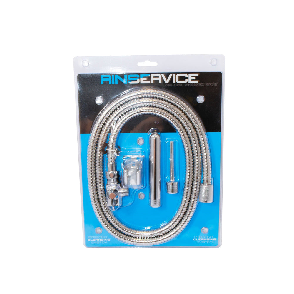 Si Novelties Stainless Steel Shower Bidet Douche package, including hose and attachments for personal hygiene.