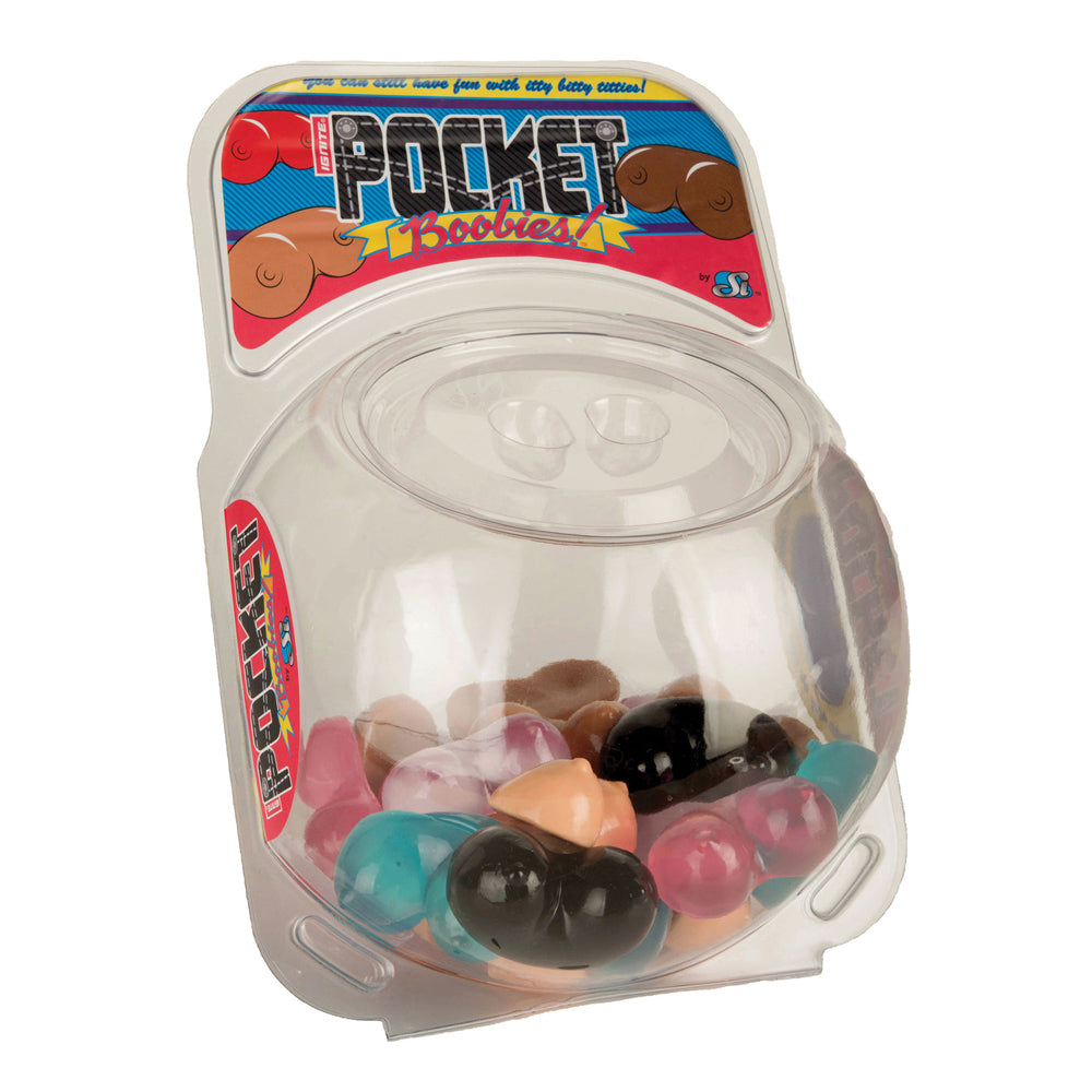 Si Novelties Pocket Boobies 30 Count Fishbowl Display with assorted playful pocket novelties in a transparent bowl.