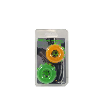 Thick Power Stretch Donuts Cock Rings Orange Green in packaging with orange and green rings displayed.