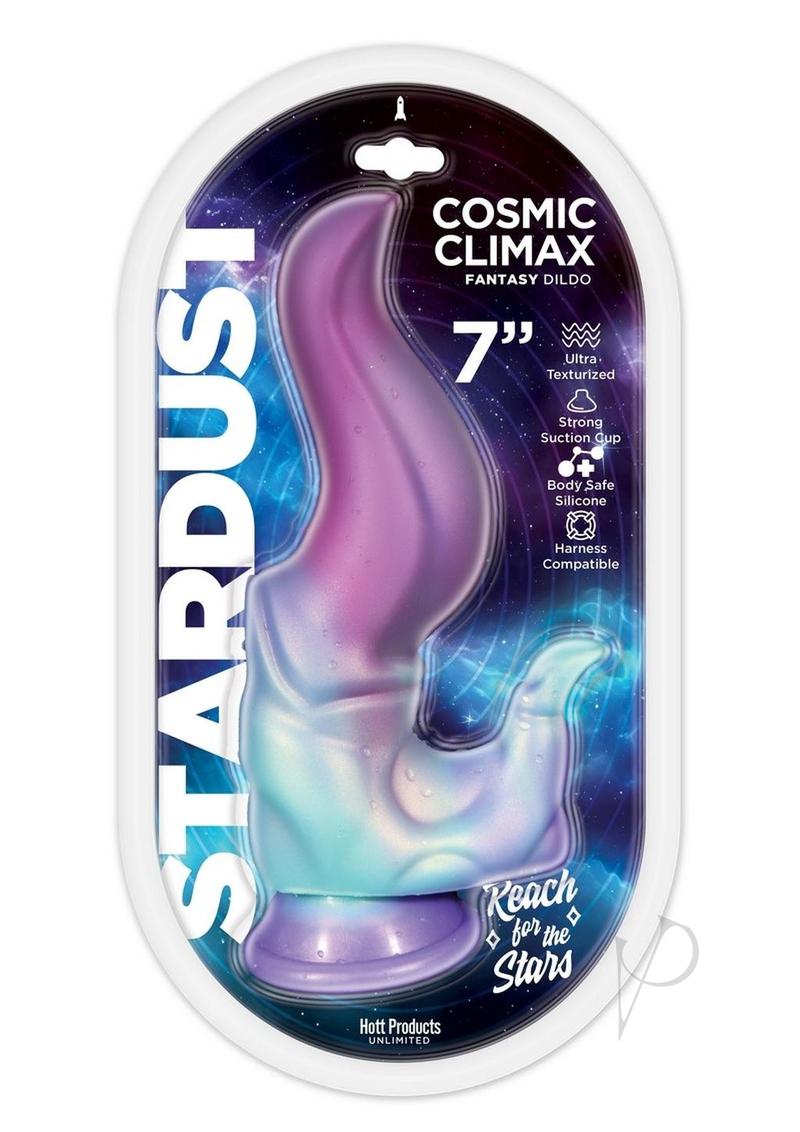 Stardust Cosmic Climax 7 inch Silicone Suction Cup Dildo packaging displaying an ultra-texturized and body-safe design.