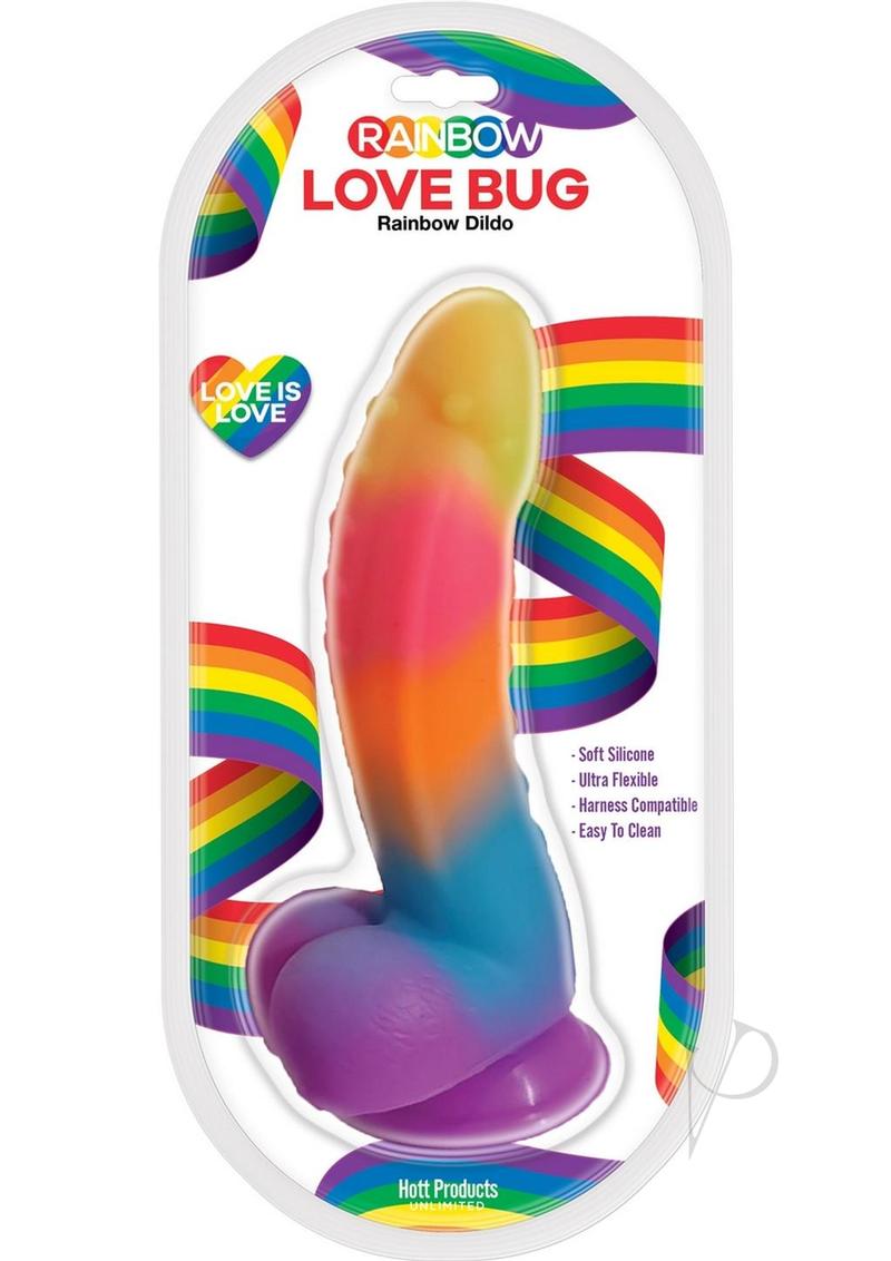 Love Bug Silicone Dildo with Suction Cup 6 inch Rainbow packaging showcasing vibrant colors and features.