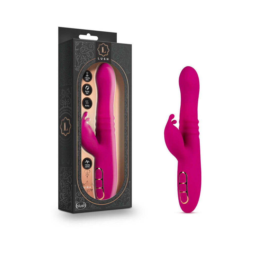Blush Lush Kira Silicone Thrusting Rabbit Vibrator Velvet in vibrant pink packaging showcasing dual stimulation features.