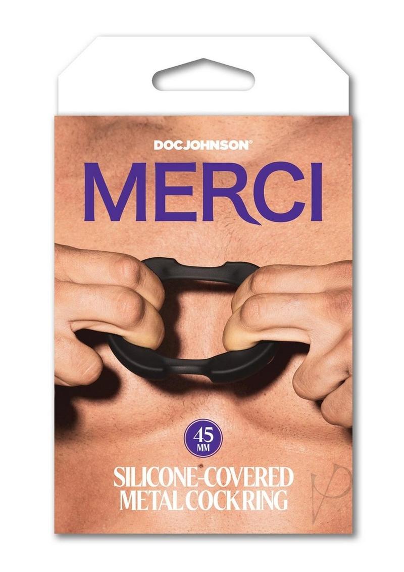 Merci Silicone Covered Metal Cock Ring 45mm Black packaging with product in hand showcasing its design and size.