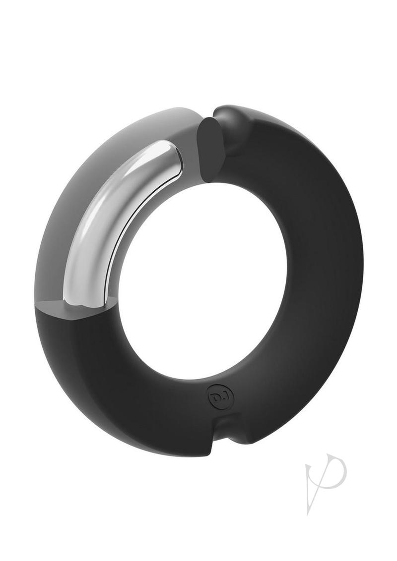 Merci Silicone Covered Metal Cock Ring 45mm Black featuring a sleek black and silver design for comfort and durability.