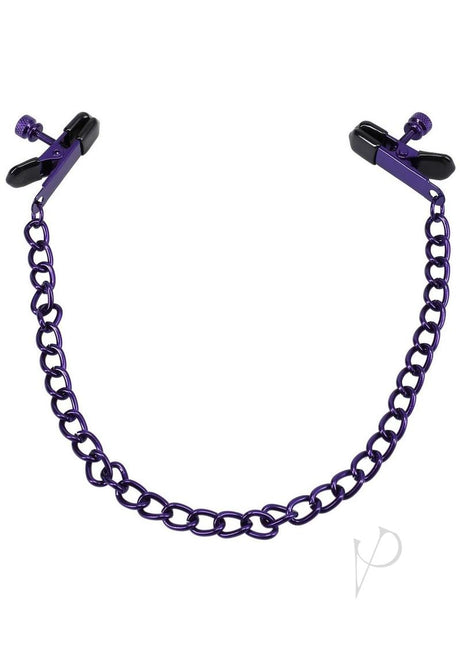 Merci Chained Up Nipple Clamps Purple with linked iron chain for adjustable pressure and control.
