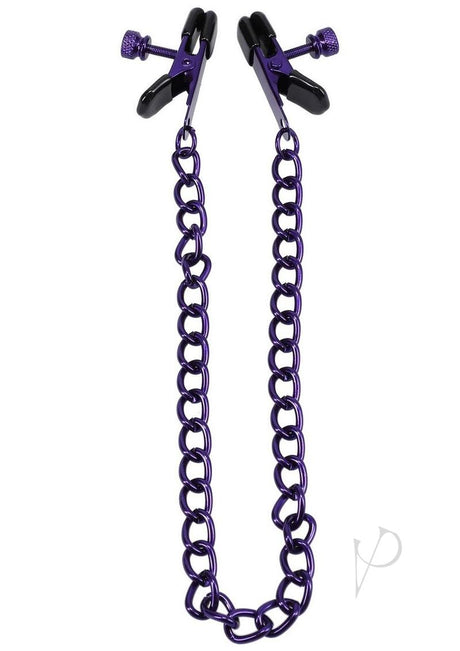 Merci Chained Up Nipple Clamps Purple with adjustable pressure and linked iron chain for enhanced sensation.